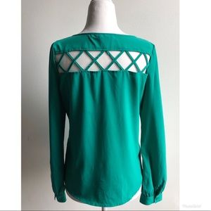 Teal colored blouse w/ open detail on back